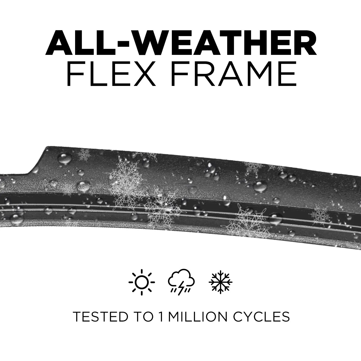 All-weather flex frame wiper blade with water droplets, snowflakes, and weather icons