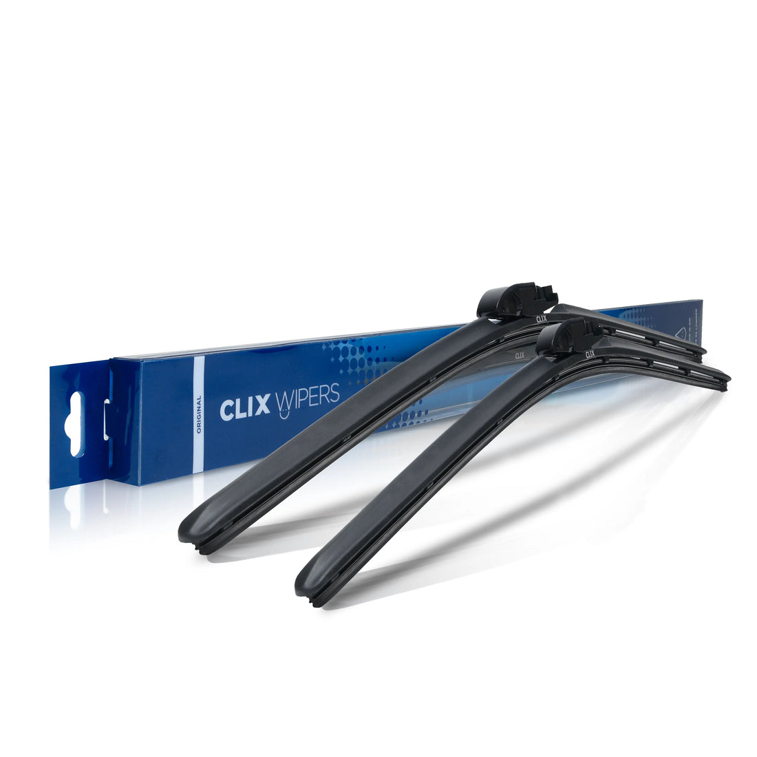 Pair of CLIX wiper blades for Audi, black, with blue branded packaging on white background