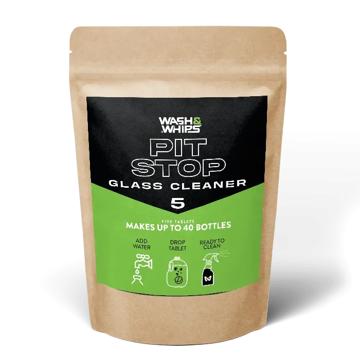 WASH & WHIPS Pit Stop Glass Cleaner refill tablets for all surfaces, shown with packaging and tablets ready to use.