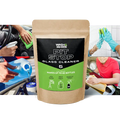 WASH & WHIPS Pit Stop Glass Cleaner refill tablet for all surfaces, shown with packaging, makes 5 gallons of cleaning solution.