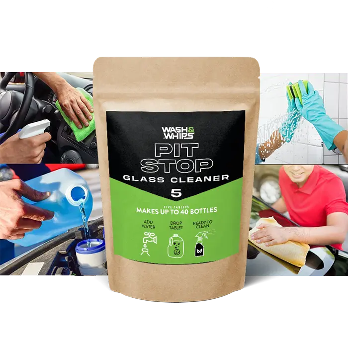 WASH & WHIPS Pit Stop Glass Cleaner refill tablet for all surfaces, shown with packaging, makes 5 gallons of cleaning solution.