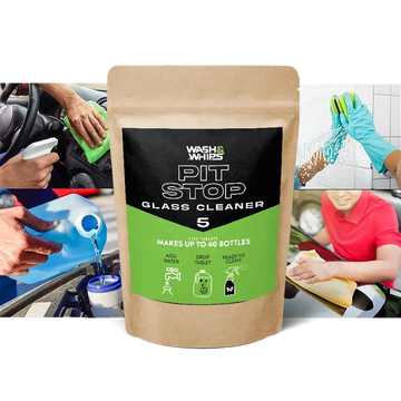 WASH & WHIPS Pit Stop Glass Cleaner refill tablet for all surfaces, shown with packaging, makes 5 gallons of cleaning solution.