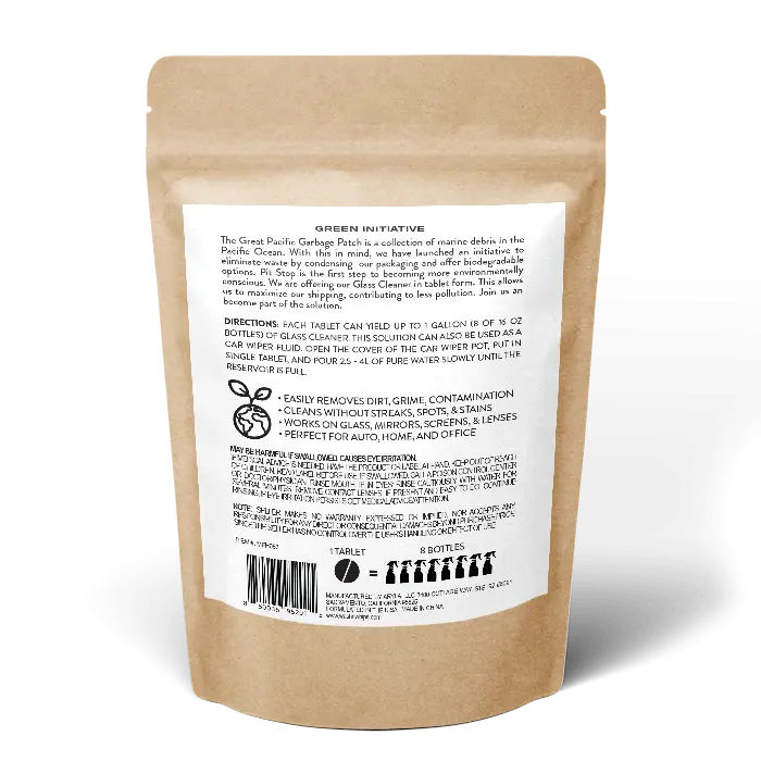 WASH & WHIPS Pit Stop Glass Cleaner refill tablets for all surface cleaning, shown with tablets and cleaning solution in the image.