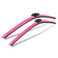 Pair of pink aerodynamic windshield wiper blades for performance cars on white background
