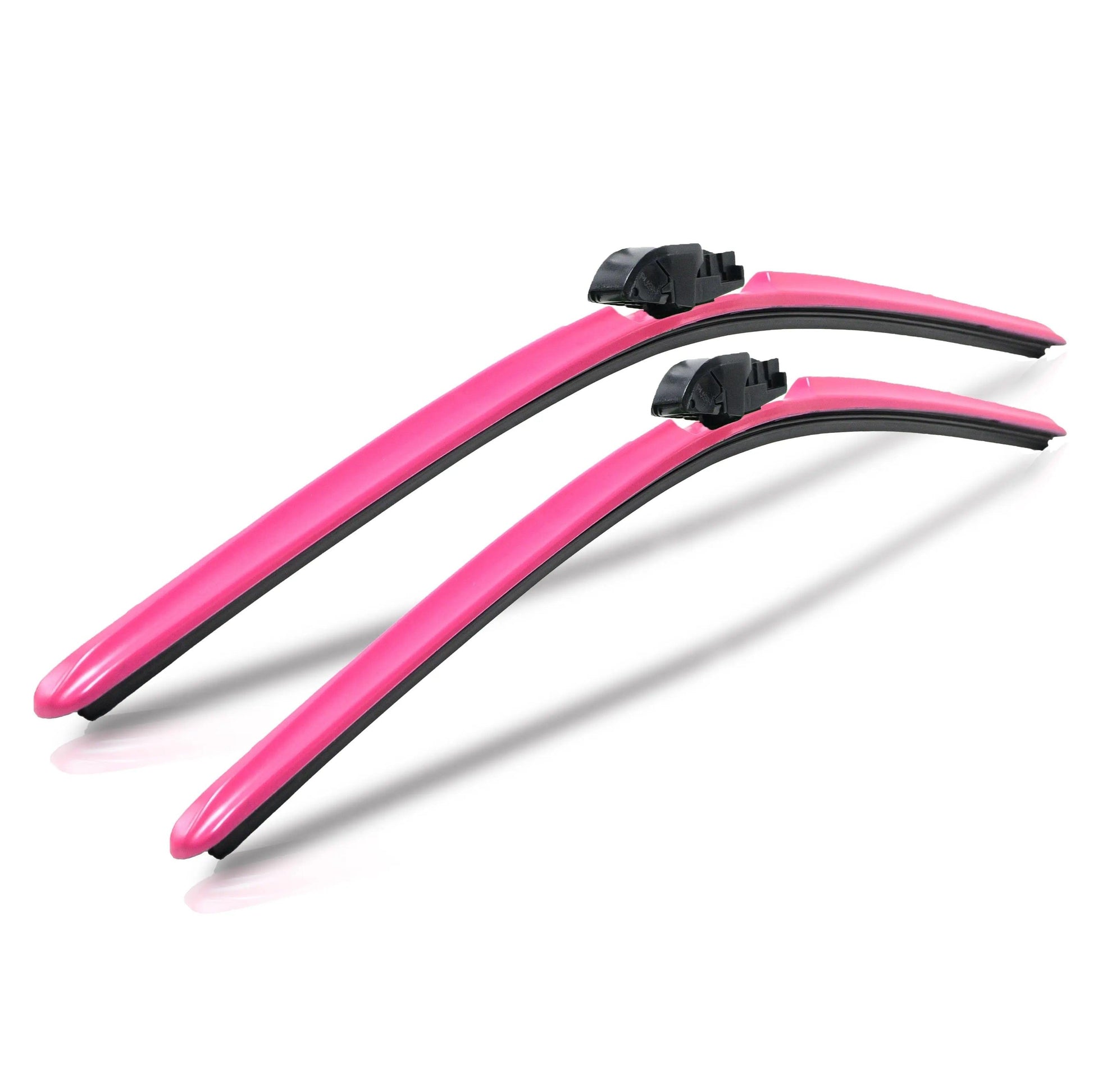 Pair of pink aerodynamic windshield wiper blades for Audi on white background