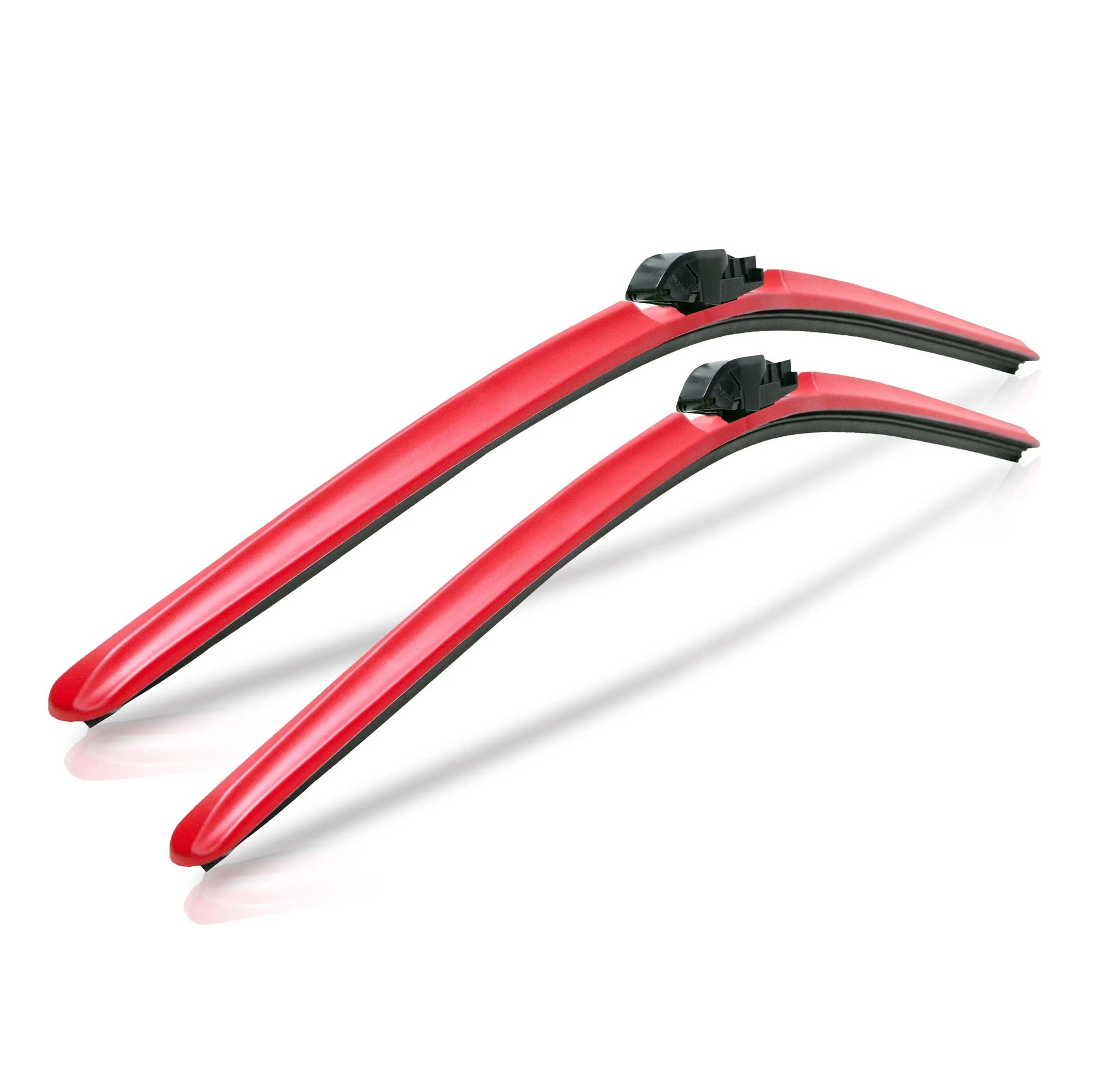 Pair of red aerodynamic windshield wiper blades for Audi, isolated on white background