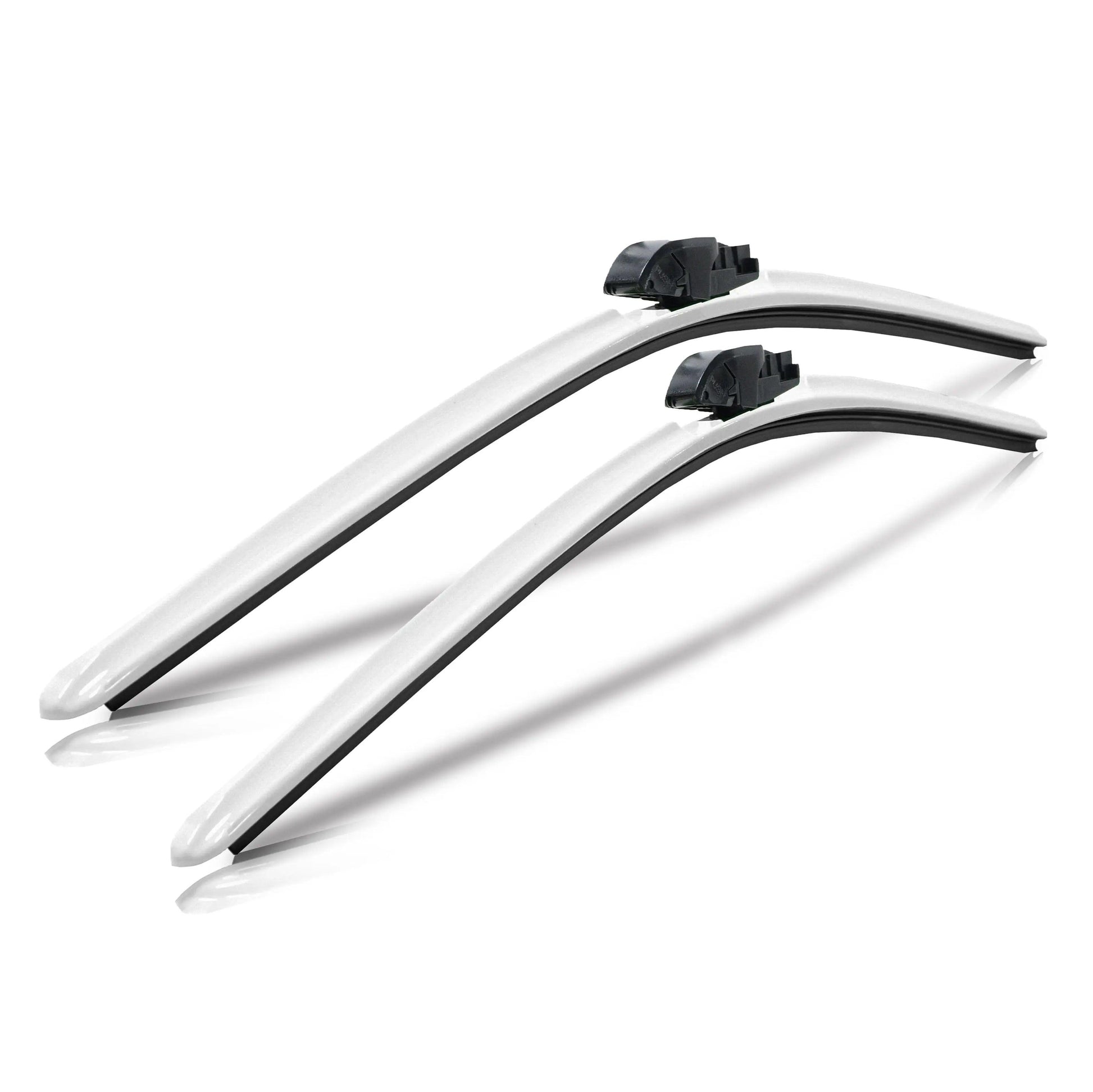 Pair of white aerodynamic windshield wiper blades with black mounts on white background
