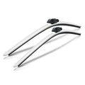 Pair of aerodynamic silver car wiper blades on white background