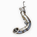 Stainless steel performance downpipe with welded joints for Audi vehicles on white background.