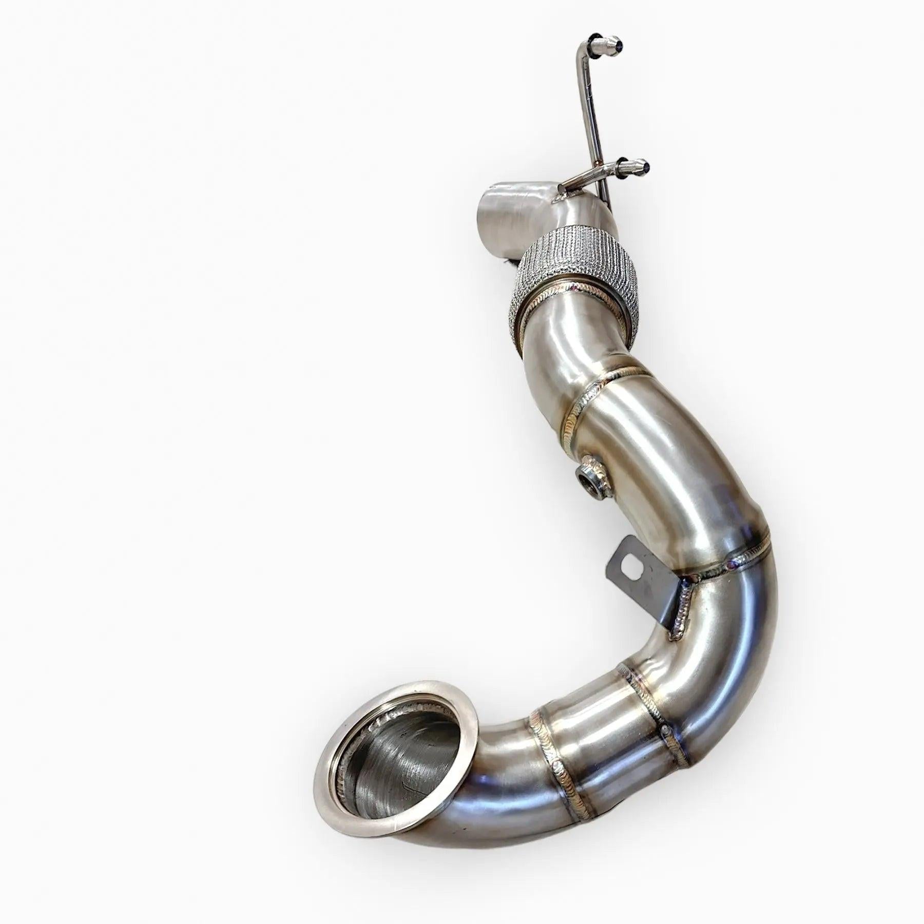 Stainless steel performance downpipe with welded joints for Audi vehicles on white background.