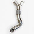 Stainless steel Audi performance downpipe with flex joint and sensor ports, isolated on white background