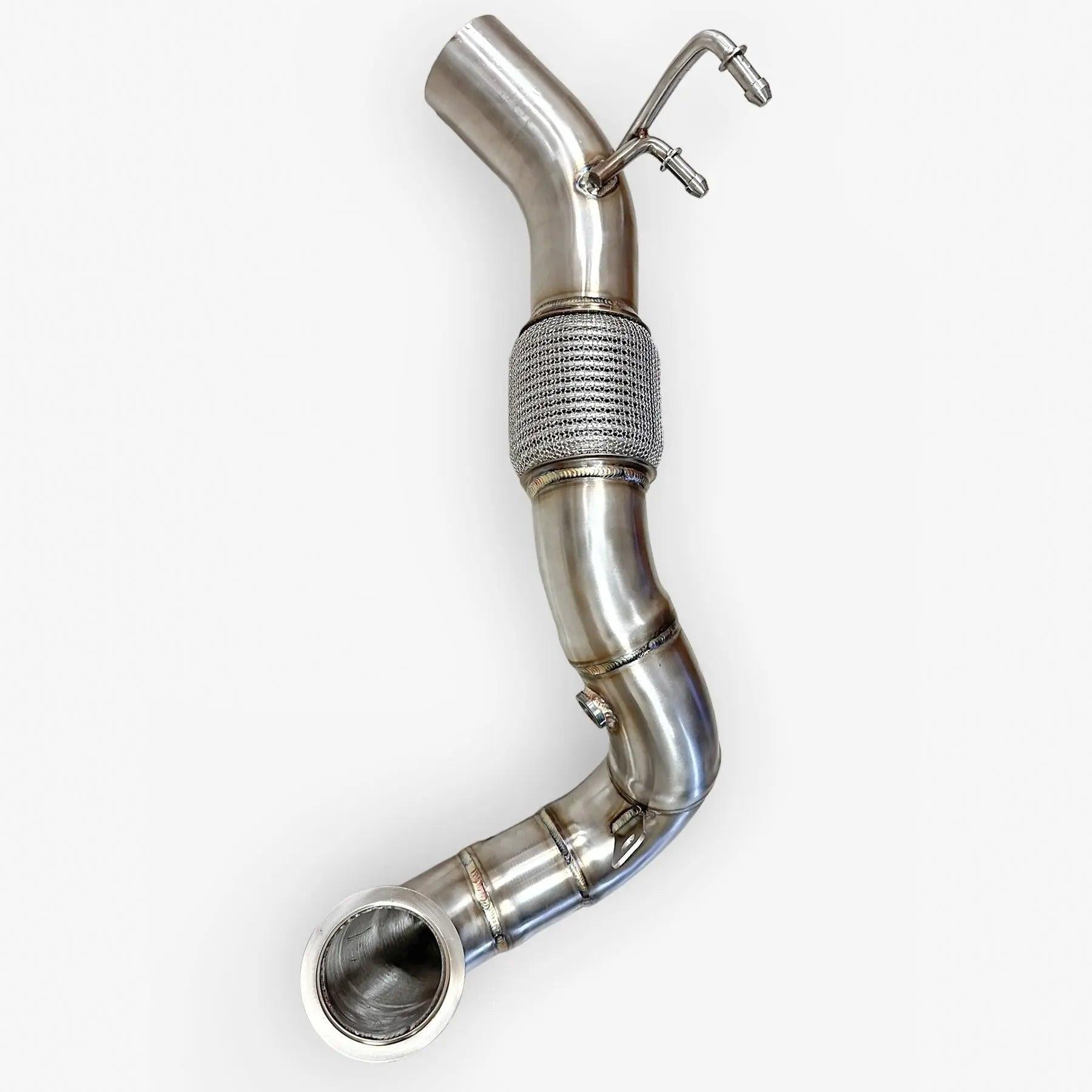 Stainless steel Audi performance downpipe with flex joint and sensor ports, isolated on white background