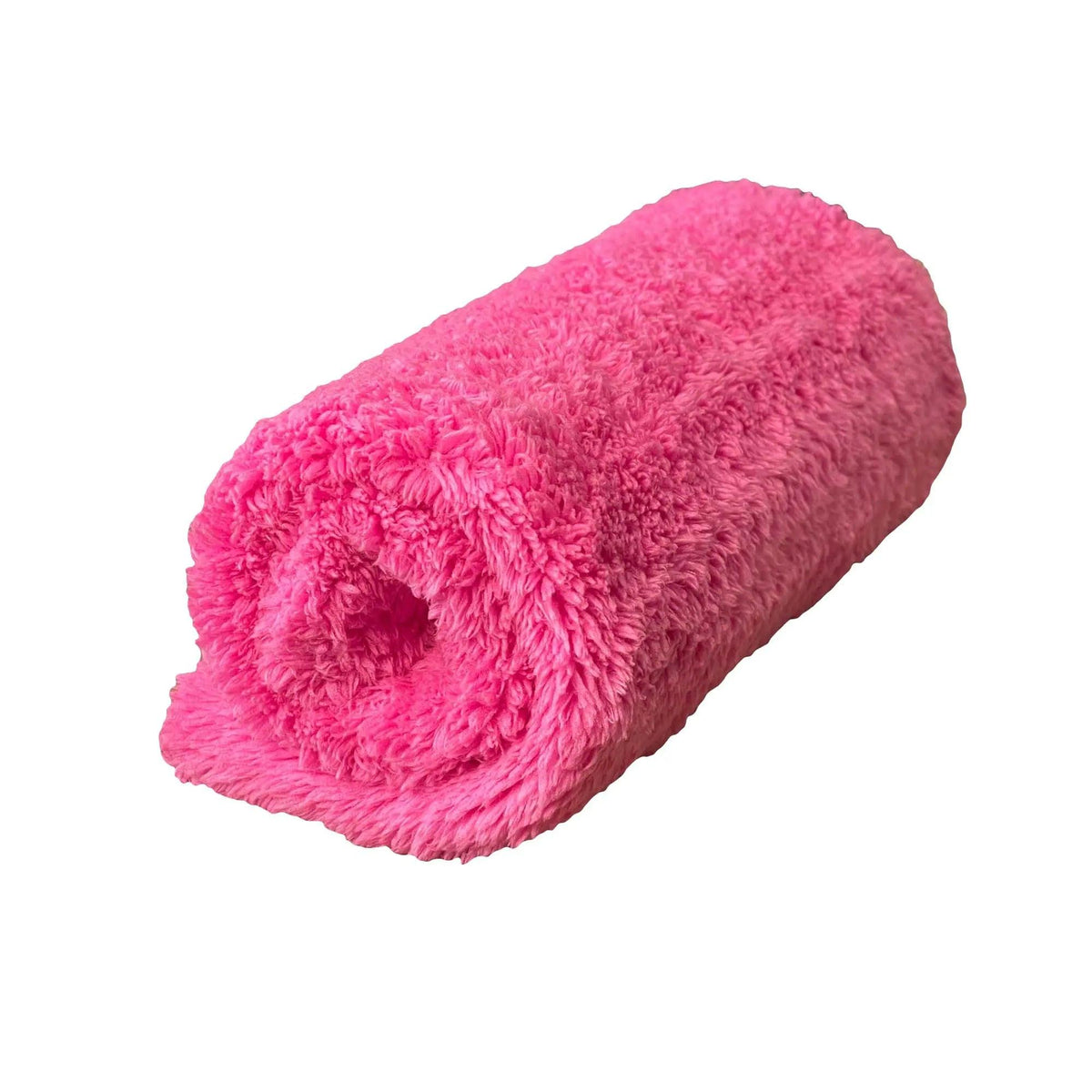 Pink microfiber coral fleece towels from WASH&WHIPS with ultrasonic edging, shown in a three-pack set.