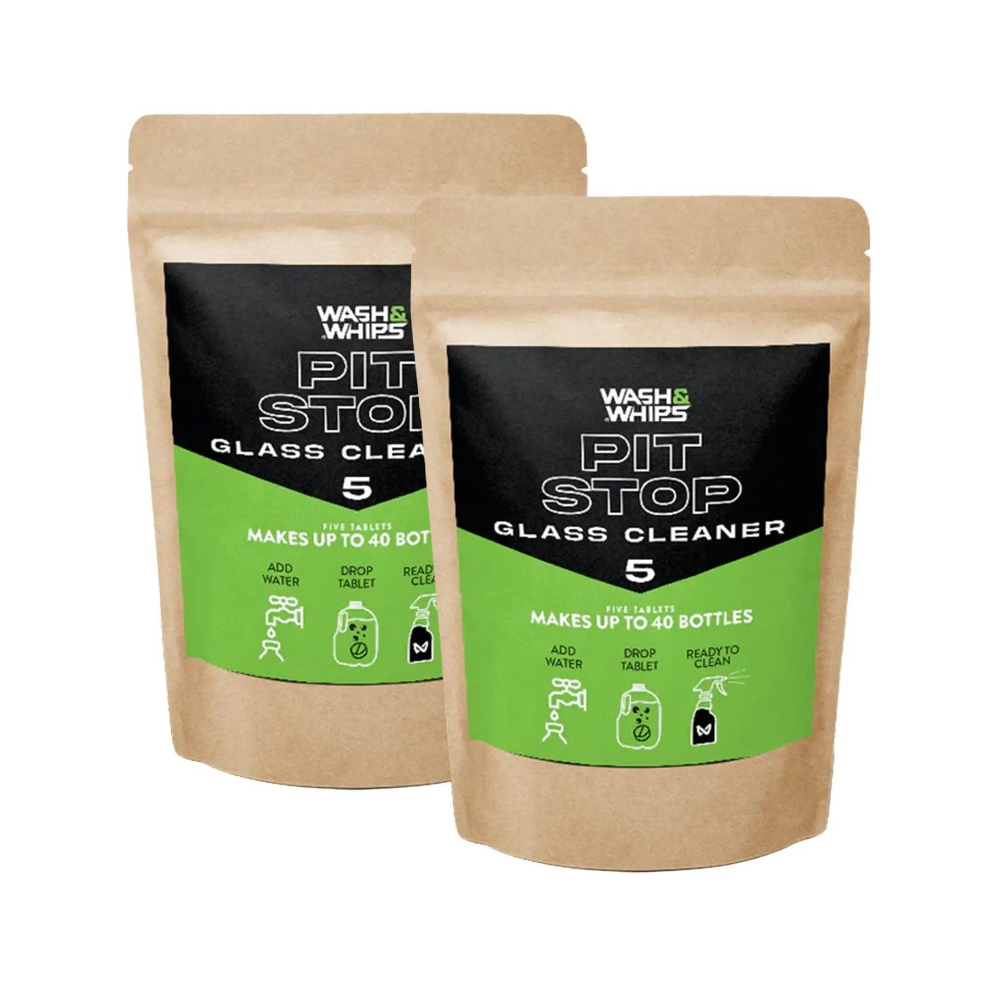 WASH & WHIPS Pit Stop glass cleaner refill tablets for all surfaces, shown in a two-pack container.