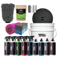 Comprehensive car detailing kit with cleaning sprays, microfiber towels, wash mitt, bucket, and grit guard.