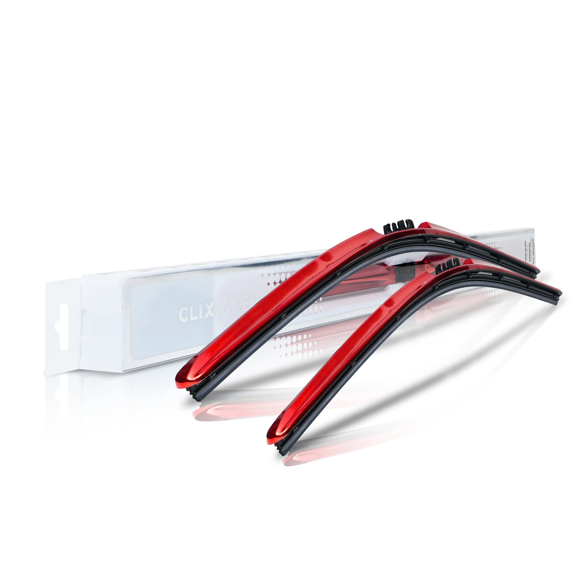 Red chrome windshield wiper blades set with packaging, automotive performance accessory