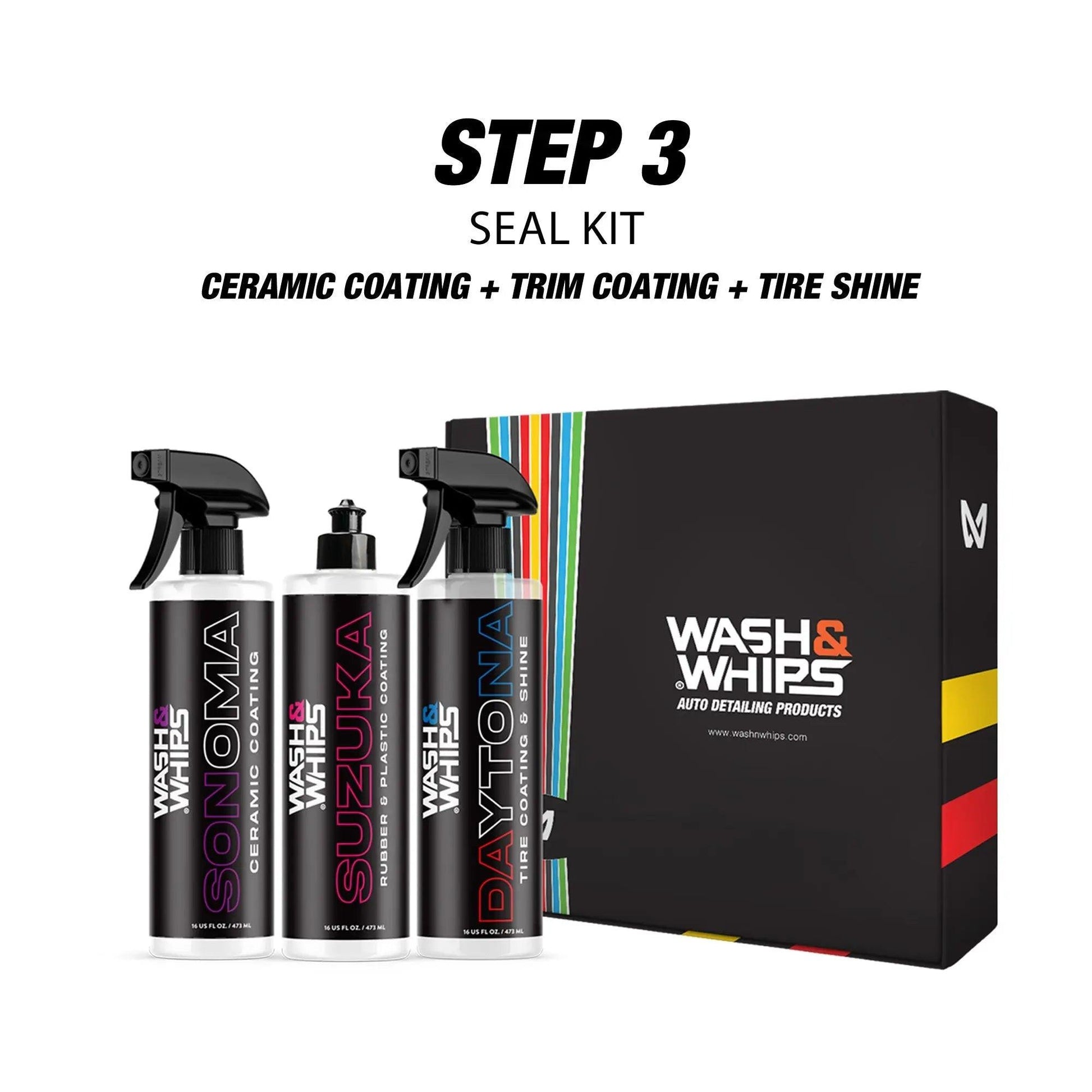Car detailing seal kit with ceramic coating, trim coating, tire shine bottles and gift box.