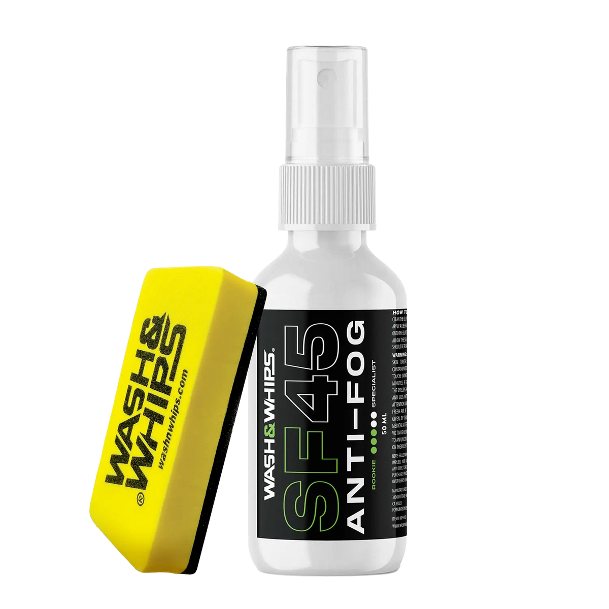 WASH & WHIPS SF45 Anti-Fog solution applied to a car windshield to prevent fogging and improve visibility.