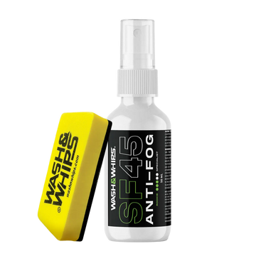 WASH & WHIPS SF45 Anti-Fog solution applied to a car windshield to prevent fogging and improve visibility.