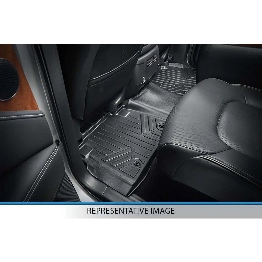 Custom black rear car floor mats installed, designed for Audi interior protection.