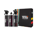 Auto detailing kit with ceramic, rubber, plastic, and tire coatings in spray bottles