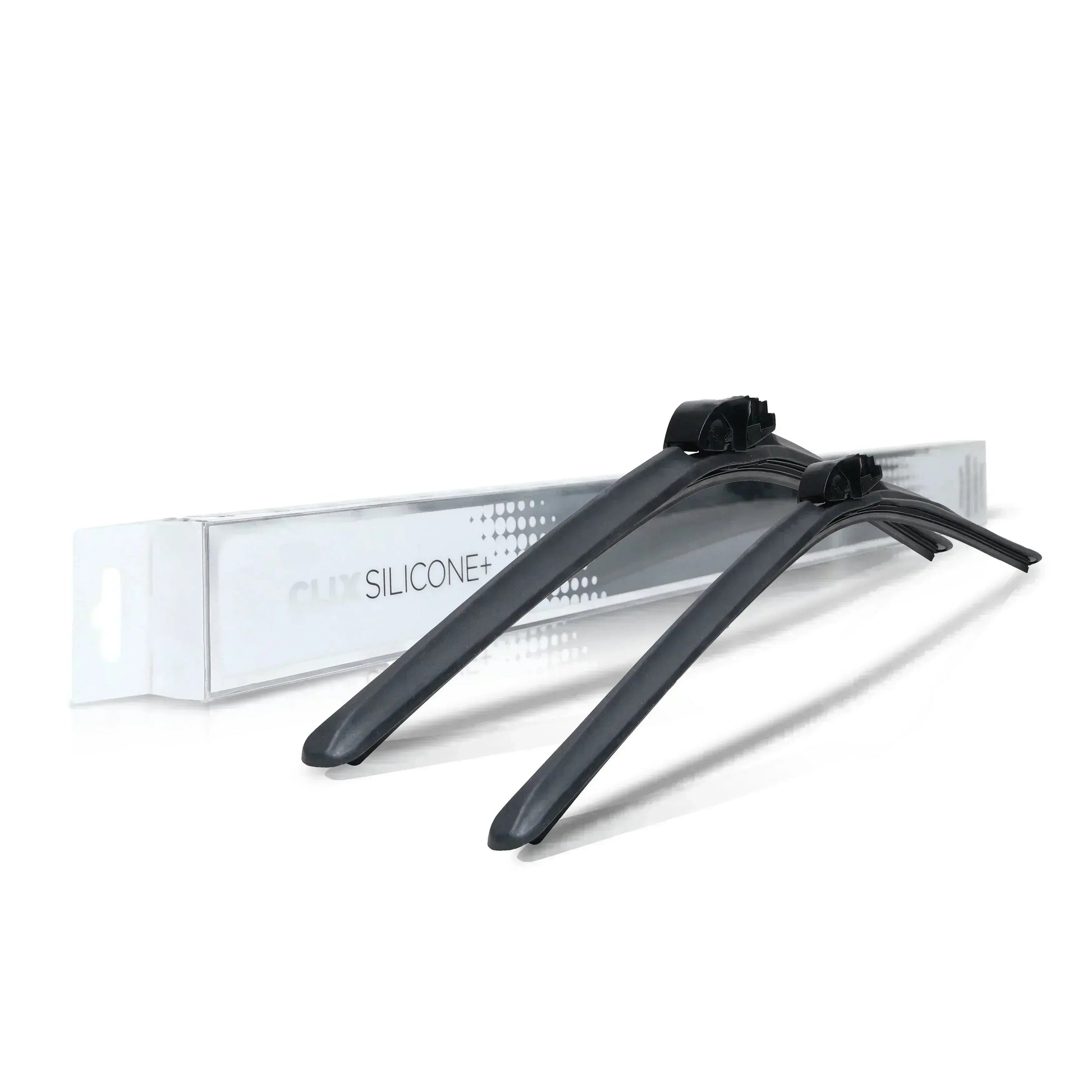 Pair of black silicone windshield wiper blades with packaging, isolated on white background