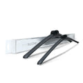 Pair of black silicone windshield wiper blades with packaging on white background