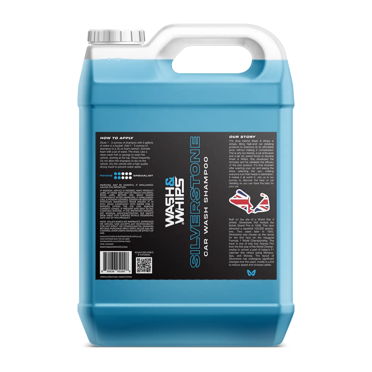 WASH&WHIPS Silverstone Car Wash Shampoo bottle with silver and black packaging, designed for cleaning and shining cars.