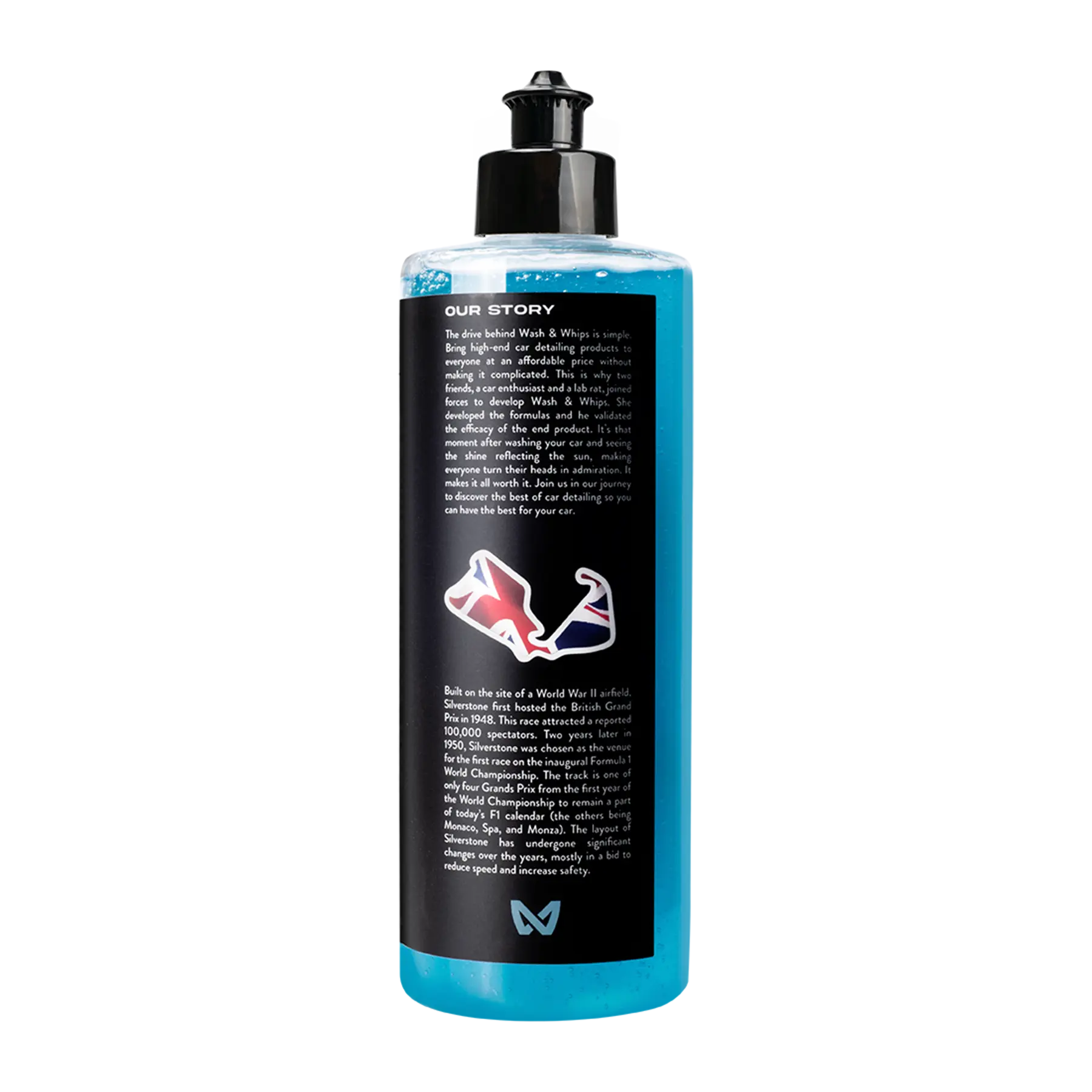 Silverstone car wash shampoo bottle by WASH & WHIPS, featuring the SilverstoneBack label and sleek packaging design.