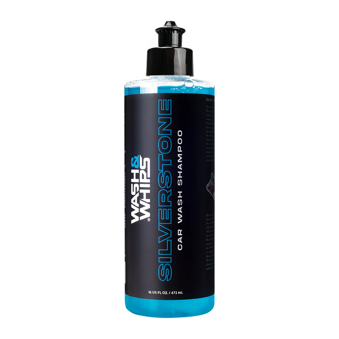 Wash & Whips Silverstone car wash shampoo bottle with blue liquid, 16 oz size