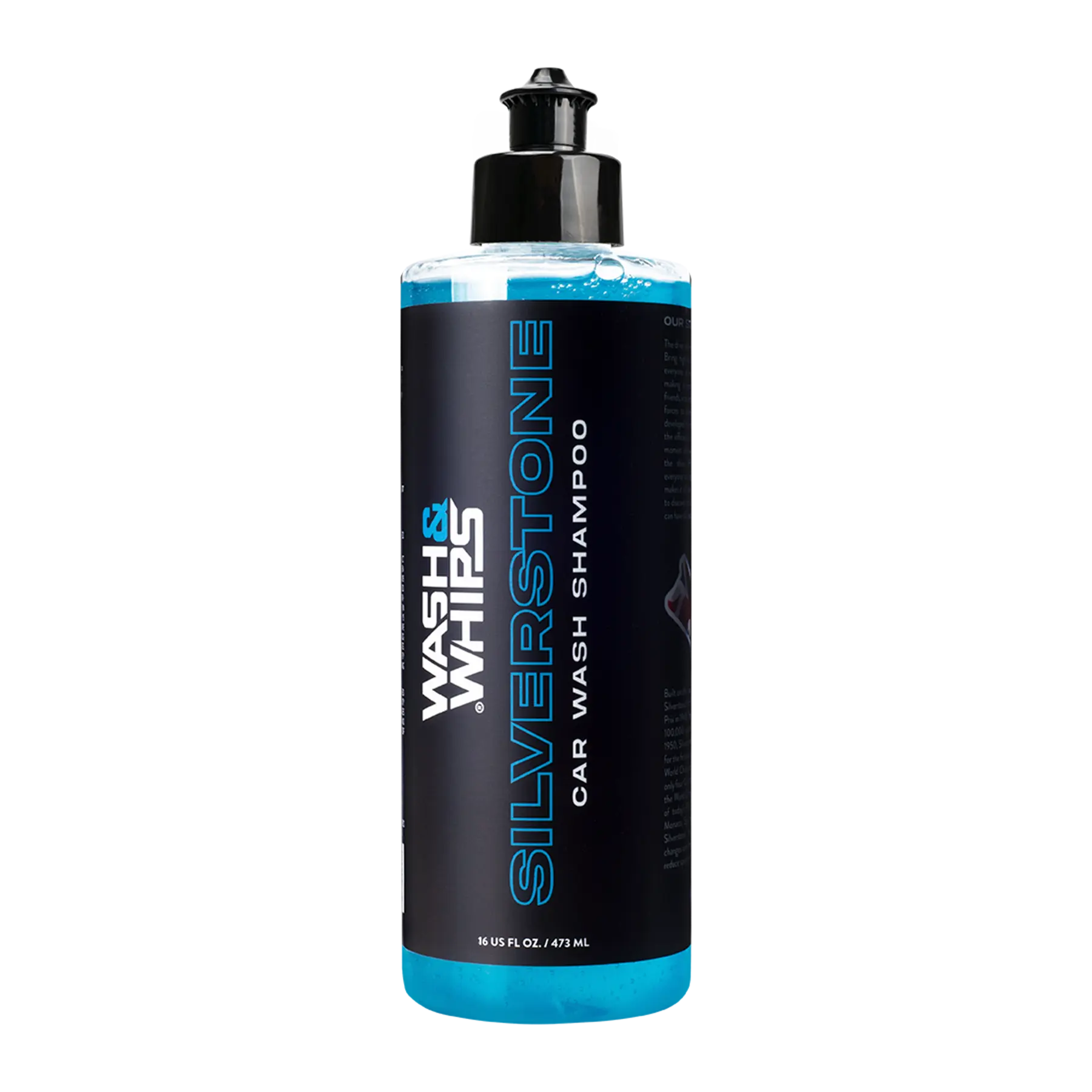 WASH&WHIPS Silverstone Car Wash Shampoo bottle with front label, showcasing car soap and shampoo for vehicle cleaning.