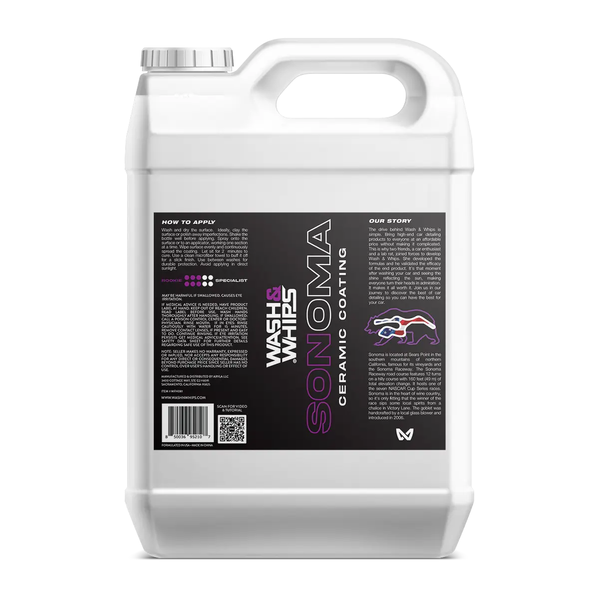 Sonoma ceramic coating container with Wash & Whips label, car care product