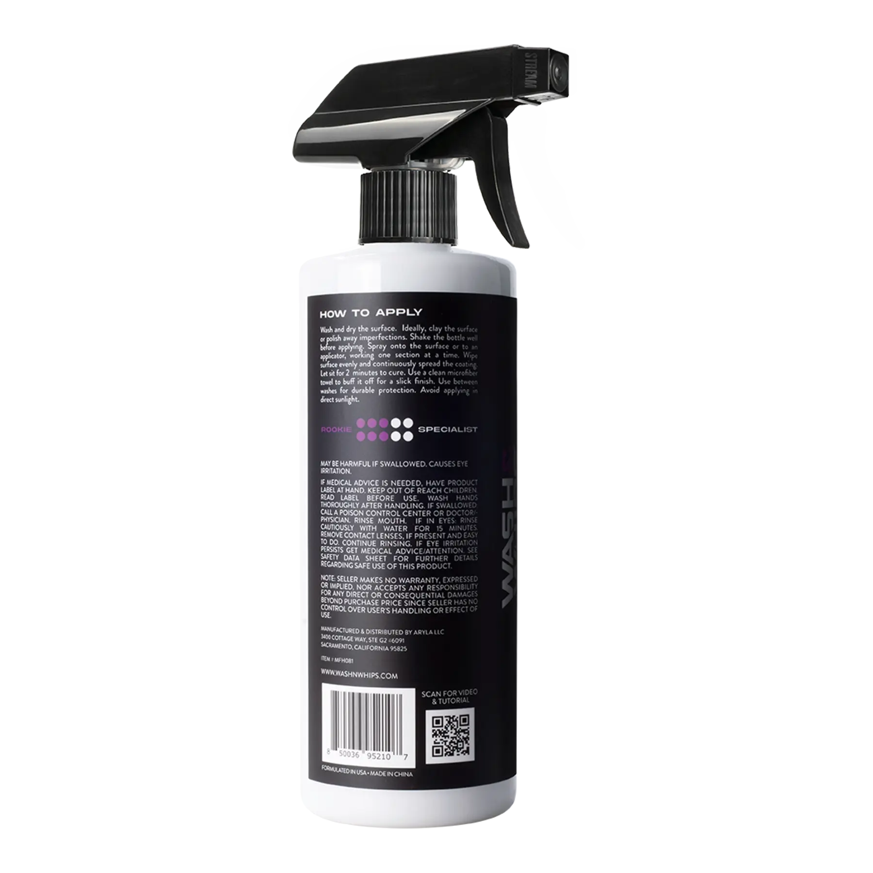 Back of automotive spray bottle with trigger nozzle and application instructions