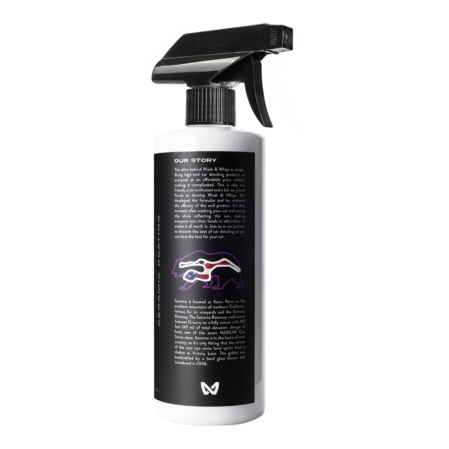 Car detailing spray bottle with black label, trigger nozzle, and Sonoma bear graphic