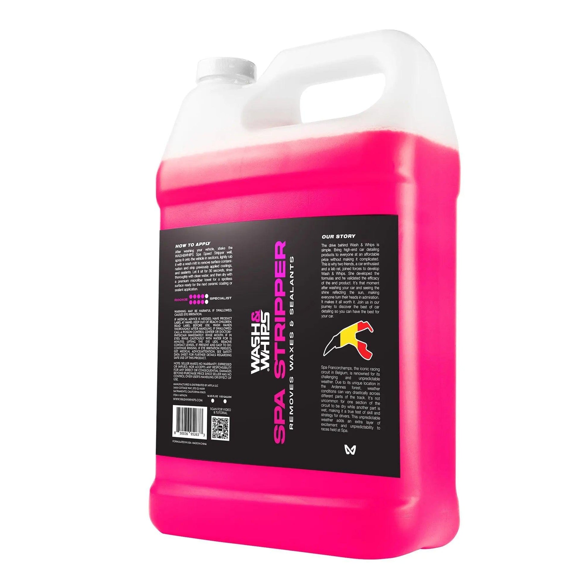 WASH & WHIPS SpaStripper gallon container for removing waxes and sealants, featuring a sturdy bottle with a screw cap.