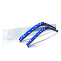 Blue windshield wiper blades with white stars, performance car accessories on white background