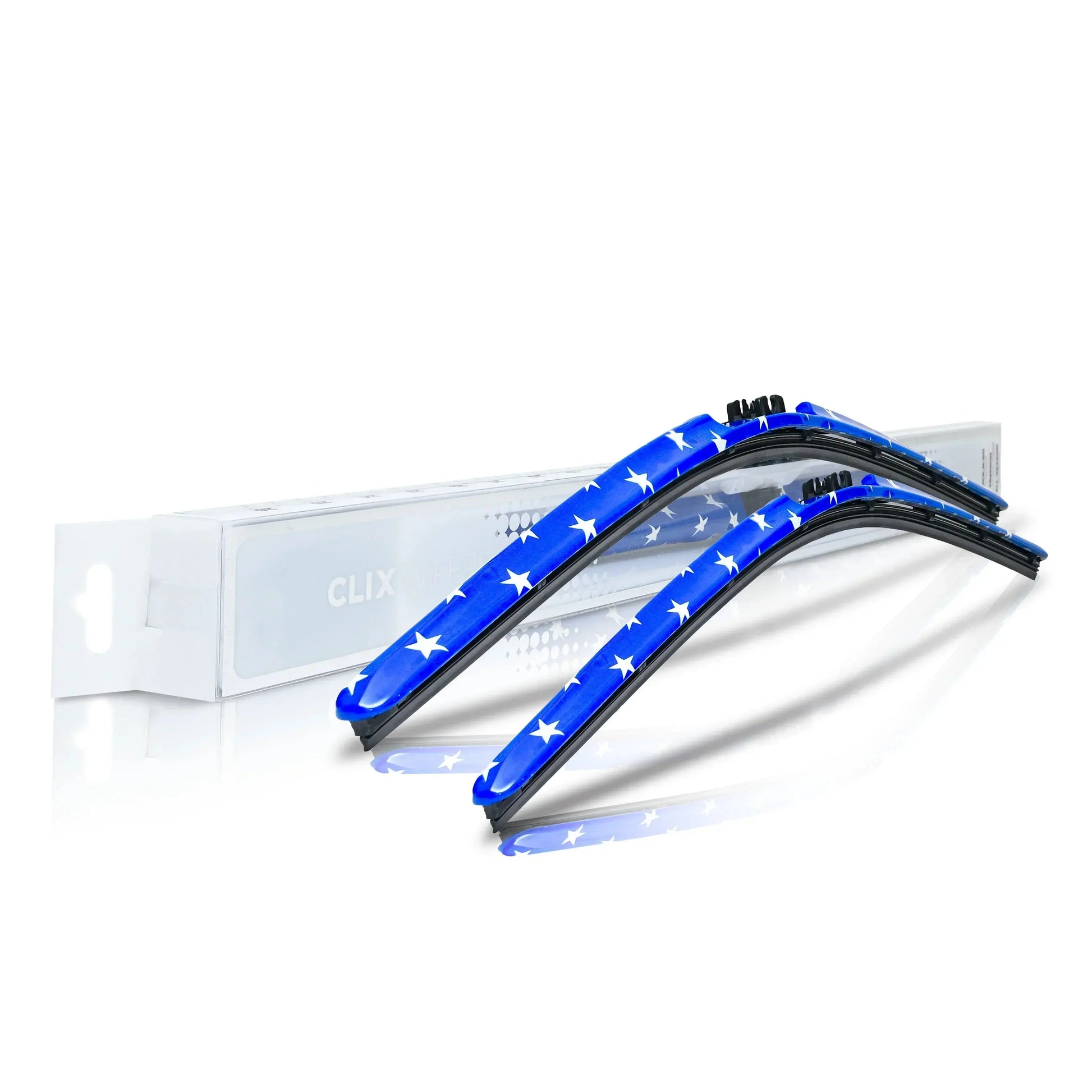 Blue windshield wiper blades with white stars, performance car accessories on white background