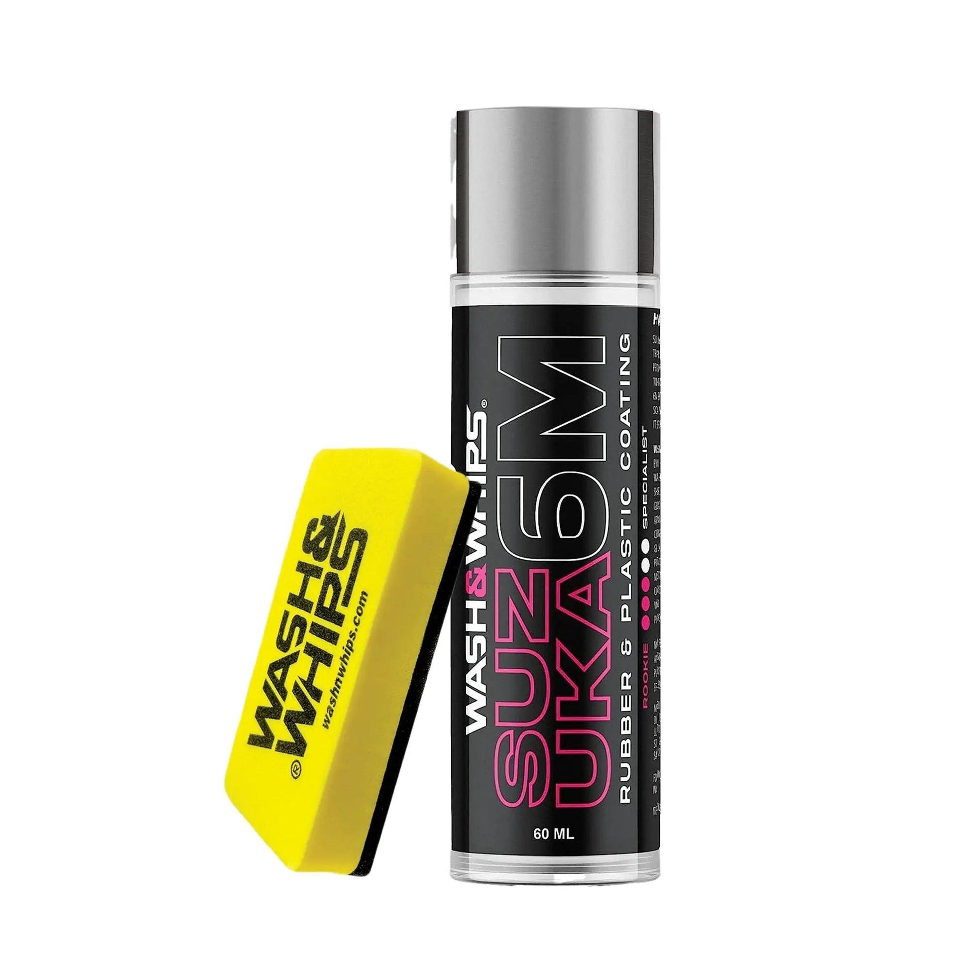 WASH&WHIPS Suzuka 6M rubber and plastic coating for cars, black restoration, 60ml concentrated formula, non-greasy finish.