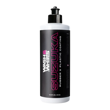 Suzuka rubber and plastic coating by WASH & WHIPS shown on the front of the product, featuring a sleek black finish and textured surface.