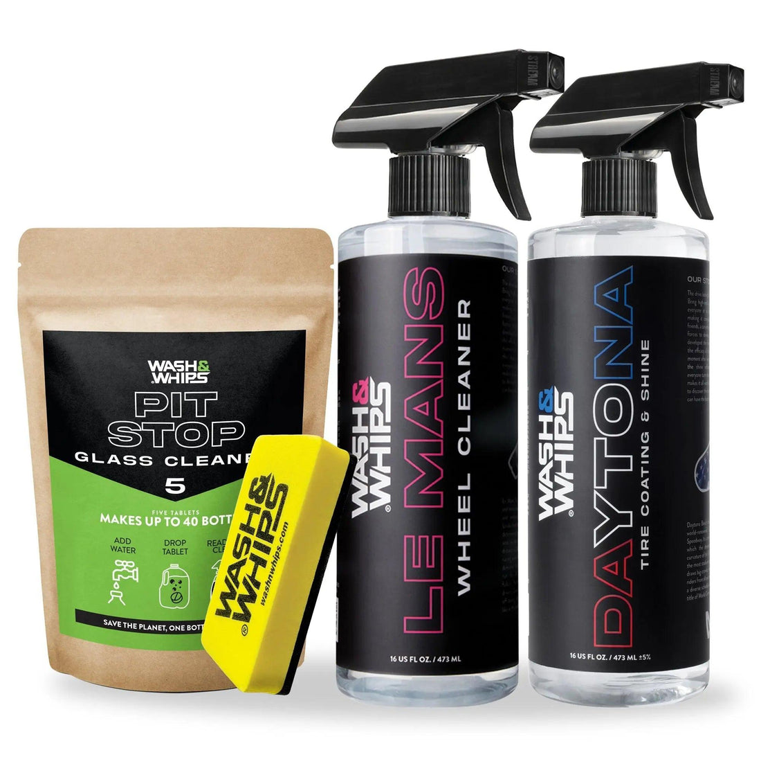 Car cleaning kit with glass cleaner tablets, wheel cleaner, tire shine spray, and sponge.