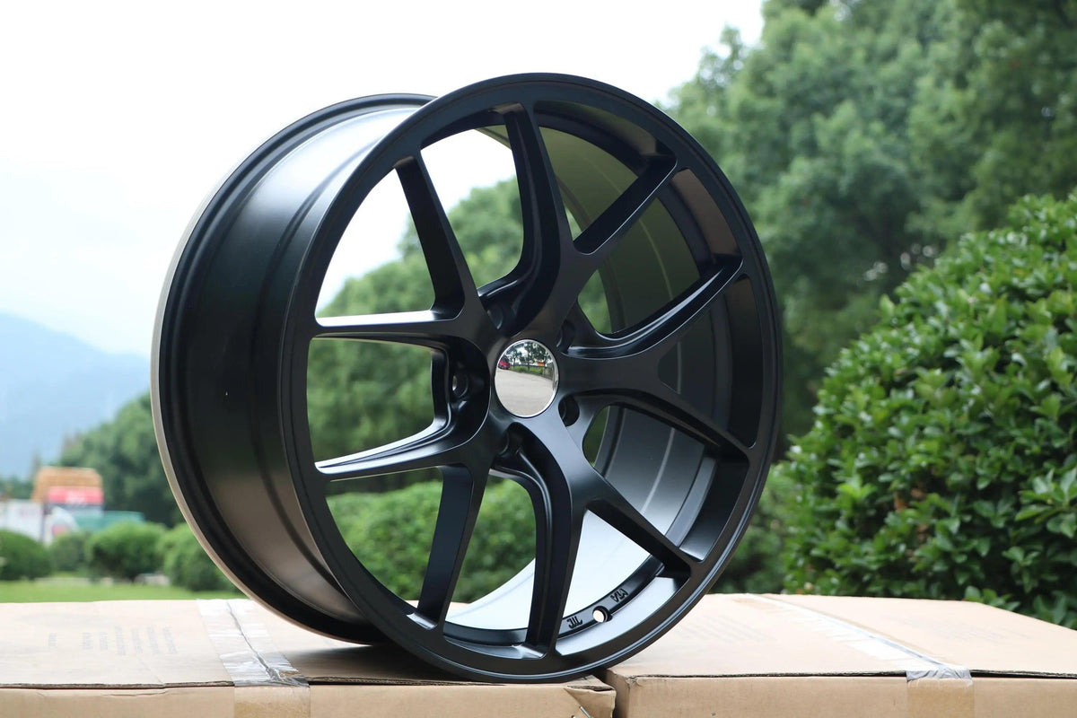 Satin black 19-inch Vortex Style wheels by WheeloutletNJ with a sleek, modern design for car enhancement.