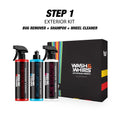 Auto detailing exterior kit with bug remover, car wash shampoo, and wheel cleaner bottles