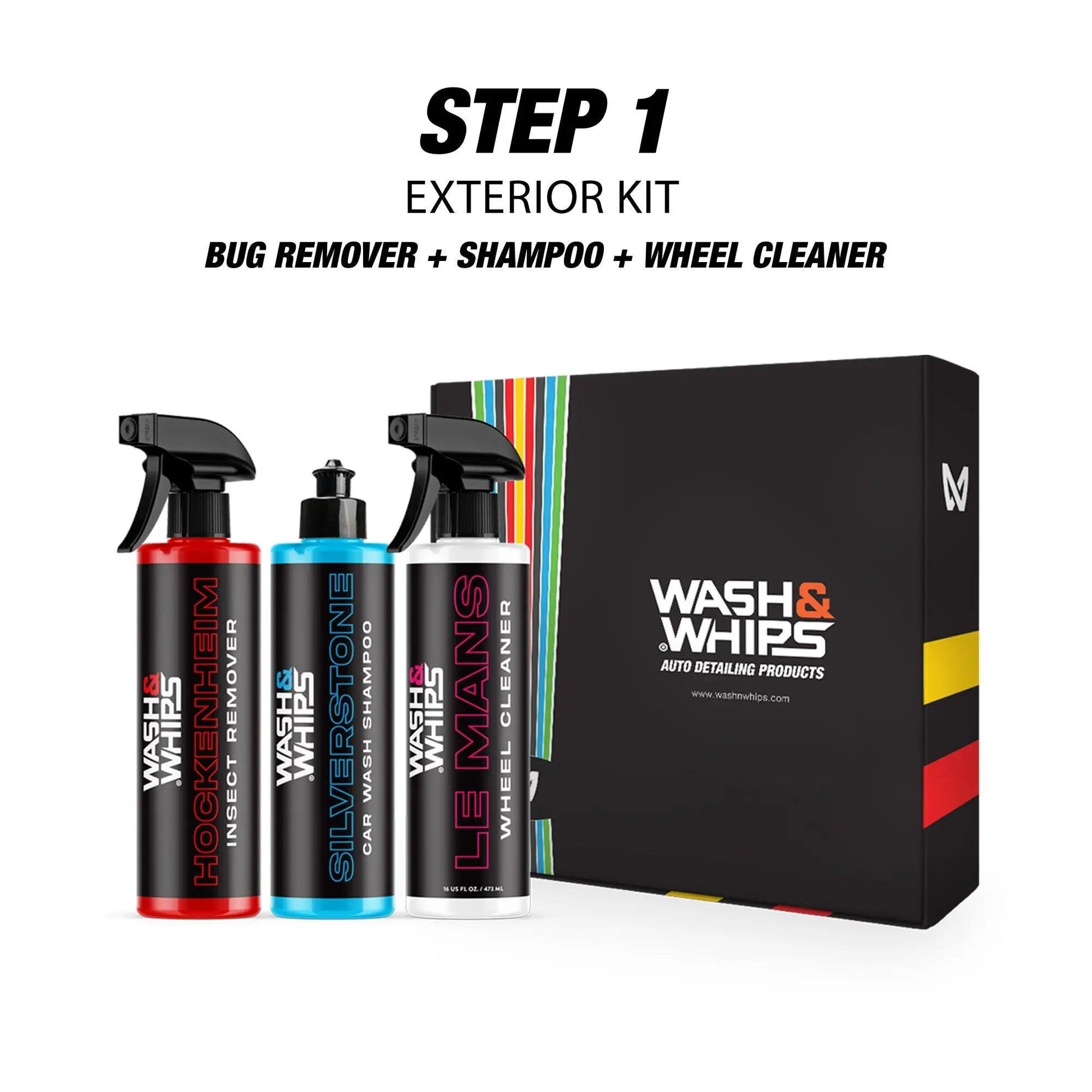 Car exterior wash kit with bug remover, shampoo, wheel cleaner, and black box packaging.