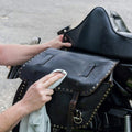 WASH&WHIPS MotoPro motorcycle detailing kit with leather cleaner and protectant for clean, shiny motorcycle leather surfaces.