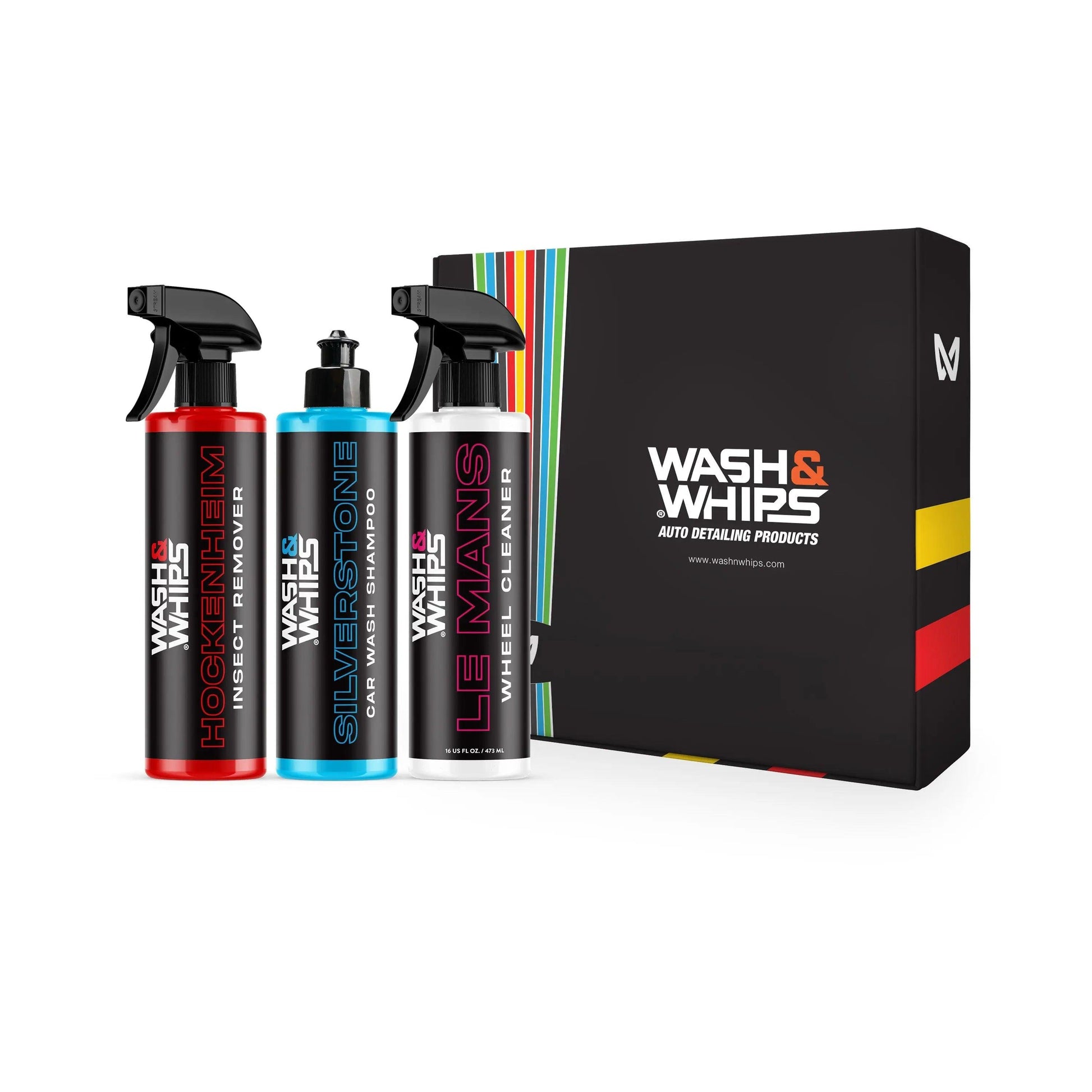 Car detailing kit with insect remover, car wash shampoo, wheel cleaner bottles and box