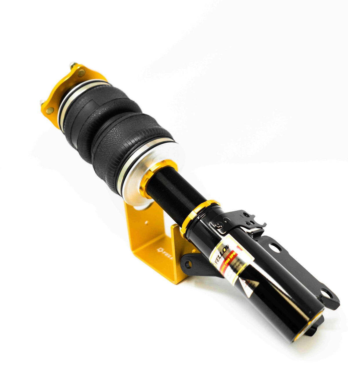 Yellow Speed Racing Dynamic Pro Air Struts for Audi A8 2002-2009 on stand, showcasing durable suspension components.
