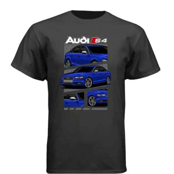 Black t-shirt featuring blue Audi S4 sports car graphic with multiple car views.