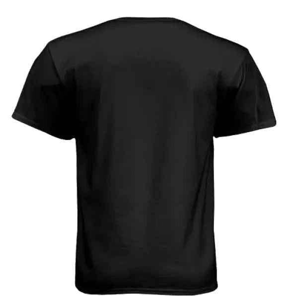 plain black short sleeve t-shirt rear view on white background