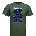 Green t-shirt featuring blue Audi S4 performance car graphic and close-up design elements.