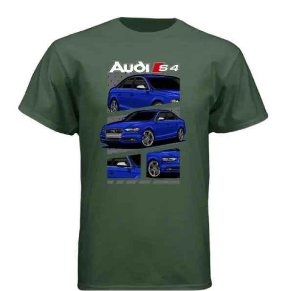 Green t-shirt featuring blue Audi S4 performance car graphic and close-up design elements.